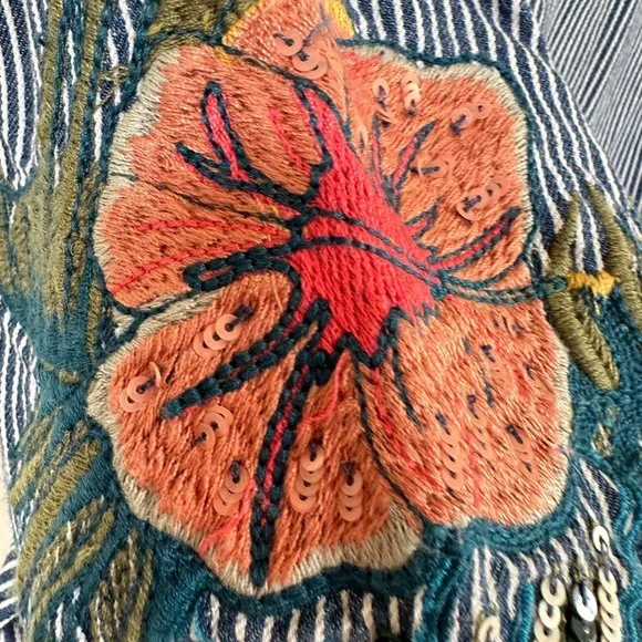 Zara Floral Embroidered Denim Striped Balloon Puff Sleeve Top SMALL - Picture 10 of 12